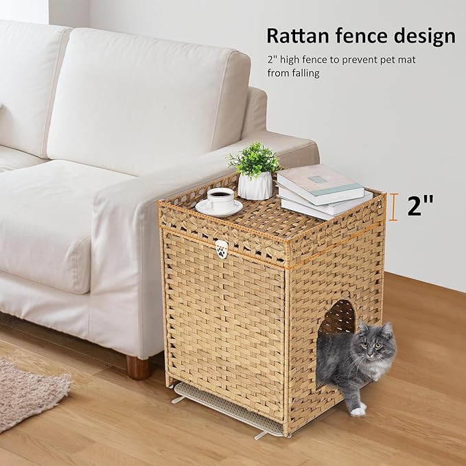 Cat Litter Box Enclosure with Soft Litter Mat; Hidden Cat Washroom Furniture with Door; Handwoven Rattan Cat House; Pet Crate for Living Room, Bedroom, Balcony (Natural)
