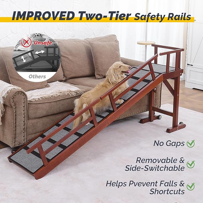 Dog Ramp for Bed or Couch, Wooden Pet Ramp with 20° Gentle Slope, Removable Side Rails, Non-Slip Surface, Top Platform & Wheels, Safe Bed Ramp for Small, Medium & Senior Dogs, 74" Long, Mahogany