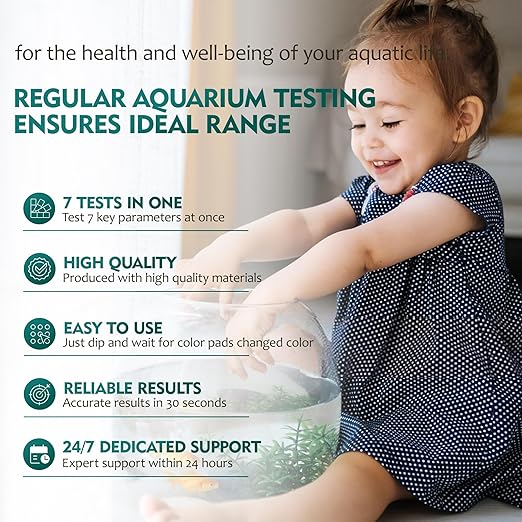 7 Way Aquarium Test Strips, 125 Count Fish Tank Test Strips for Freshwater Saltwater Pond, Water Testing Kit Aquarium for Chlorine, Total Hardness, Carbonate, Alkalinity, Nitrate, Nitrite and pH