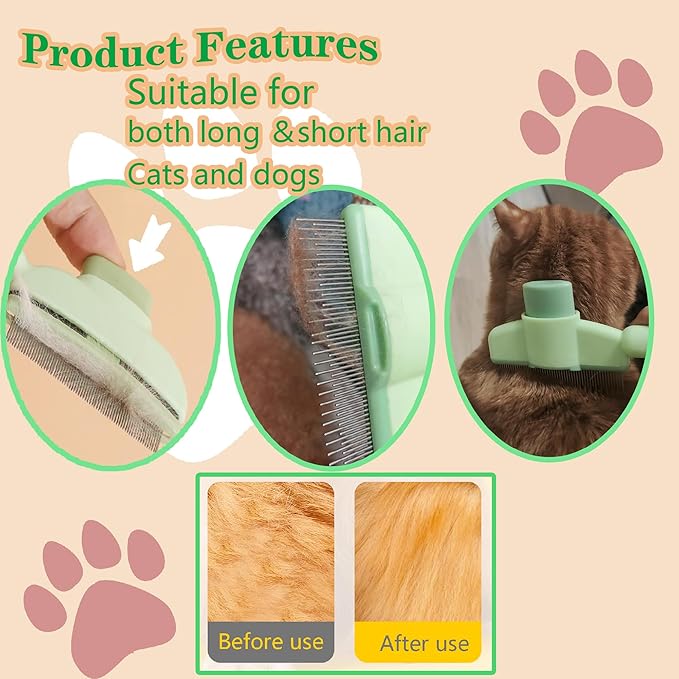 Cat Comb Dog Comb Pet Hair Removal Tool Flea Comb for Cats and Dog Lice Comb Cat Brush with Release Button Self-Cleaning with Long & Short Stainless Steel Metal Teeth for Shedding