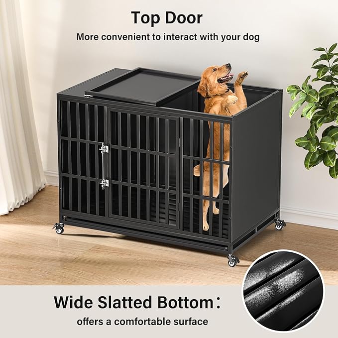 48 inch Heavy Duty Dog Crate with Self-Locking Latch, Indestructible Large Steel Kennel with Enclosed Design, Escape-Proof and Chew-Proof Pet Cage for High Anxiety Dogs