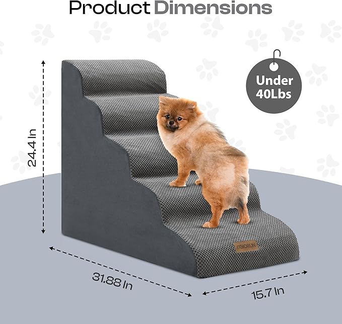 Dog Stairs for High Beds Up to 30", Extra-Tall 24.5" 5-Step Foam Pet Ramp with Washable Cover, Gentle Slope Steps, Bed & Couch Ladder for Small Medium Dogs & Senior Cat, Puppy Climbing Stairs