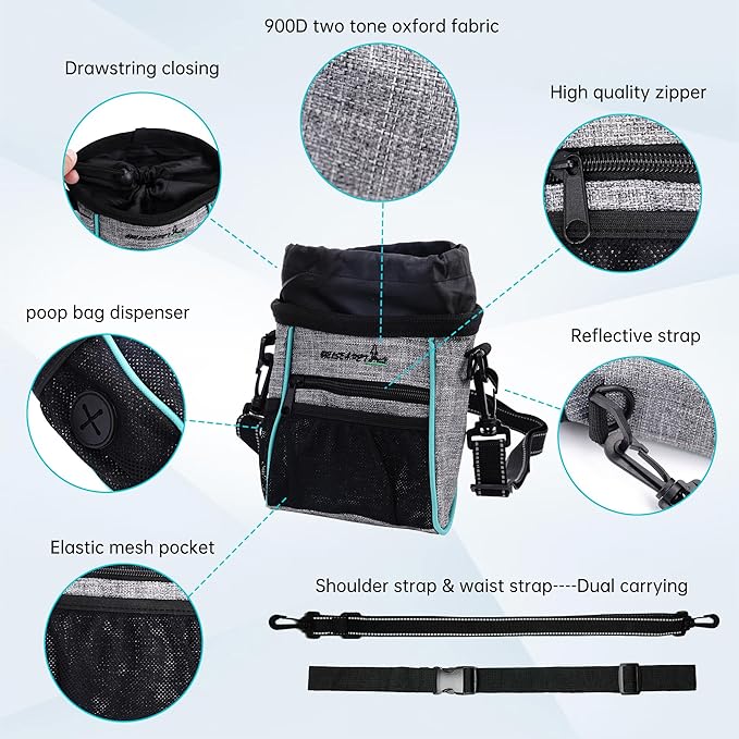 Dog Treat Pouches Training Walking Bag with Shoulder Strap, Large Space for Pets Food, Polyester Fabric, 3-Way Wearing Design, Portable Pet Bagand Easy to Clean, Black with Grey