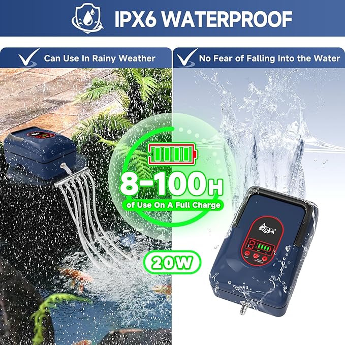 AQQA Aquarium Air Pump,AC/DC Battery Air Pump for Pond Fish Tank,9 Gear Adjustable Air Volume,IPX6 Waterproof Rechargeable Bubbler Aerator for Outdoor Fishing Breed Aquatics (20W)