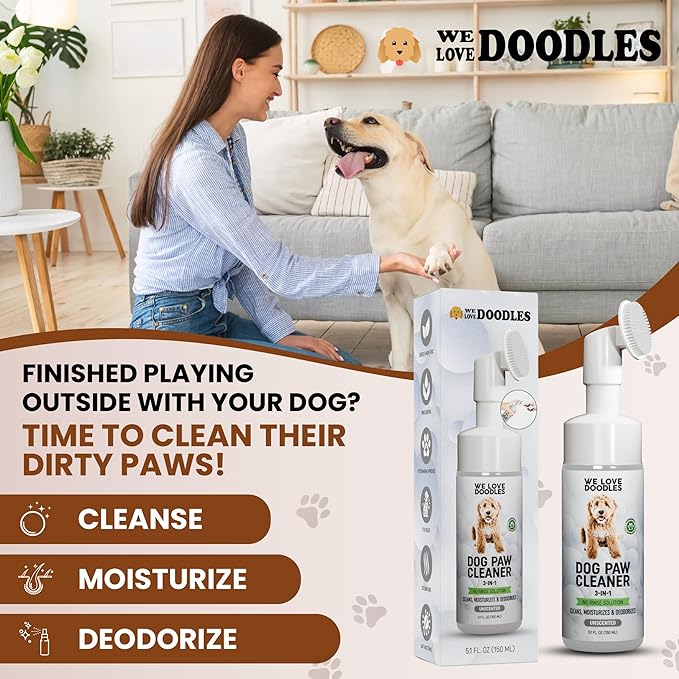 Dog Paw Cleaner (Over 100+ Feet Cleanings) No-Rinse Dog Foot Washer, Gentle and Safe Paw Cleaner for Dogs and Cats, Foam Formula, Moisturizes and Deodorizes, 150mL (Unscented) [We Love Doodles]