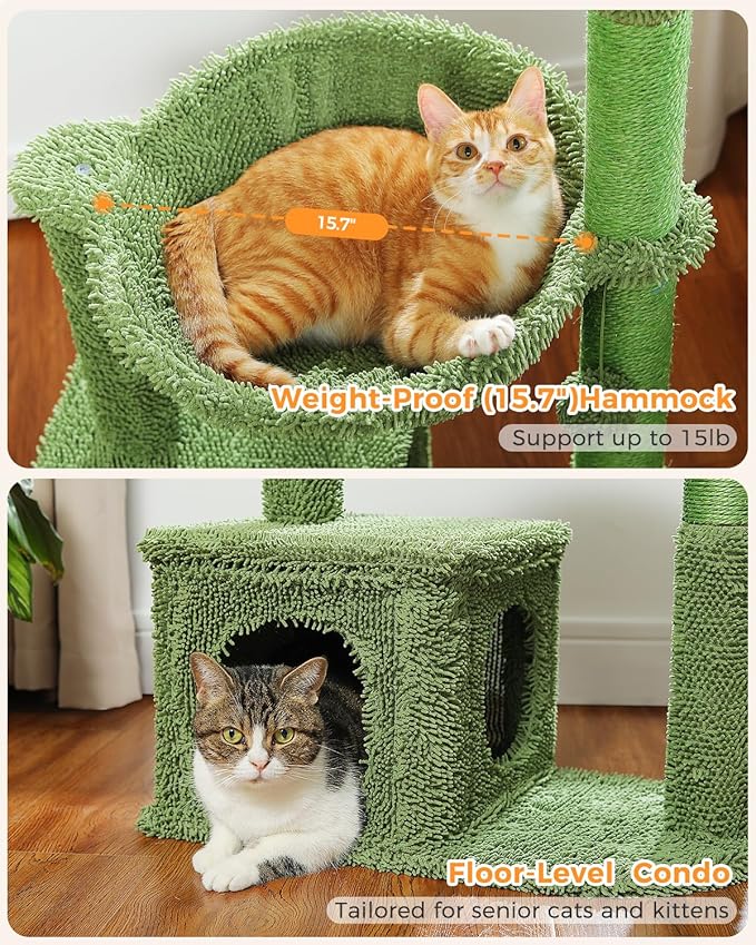 Cactus Cat Tree 40" Cat Tower with Large Metal Carpet Hammock, Cat Scratching Post for Indoor Cats with Condo & Replaceable Toy Ball, Green