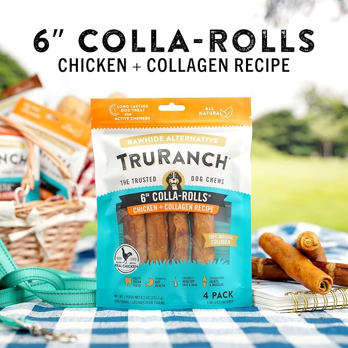 Collagen Rolls - 6" Collagen Rolls for Dogs - Long Lasting Healthy Joint Support Dog Treat - Rawhide Alternative - Skin & Coat Health - Made with Real Chicken, 1 Bag, 4 Count