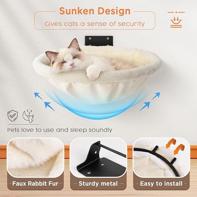 Cat Hammock Wall Mounted, Foldable & Stable Cat Beds- Breathable Cats Wall Shelves for Sleeping, Playing, Climbing, and Lounging - Maximum Hold Up to 30lb（Cream,Faux Rabbit Fur）