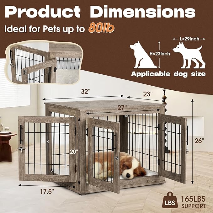 Dog Crate Furniture with Cushion, 32 inch Wooden Kennel Table with Double Doors, Indoor Dog House End Table for Small/Medium Dog, Grey (32x23x26in)
