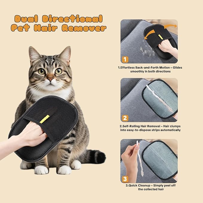 Pet Hair Removal Gloves for Cats & Dogs – Reusable Grooming Glove with Static Charge to Remove Fur from Furniture, Carpet, Car Seats & Clothes – Upgraded Pet Hair Remover Mitt(2PCS)