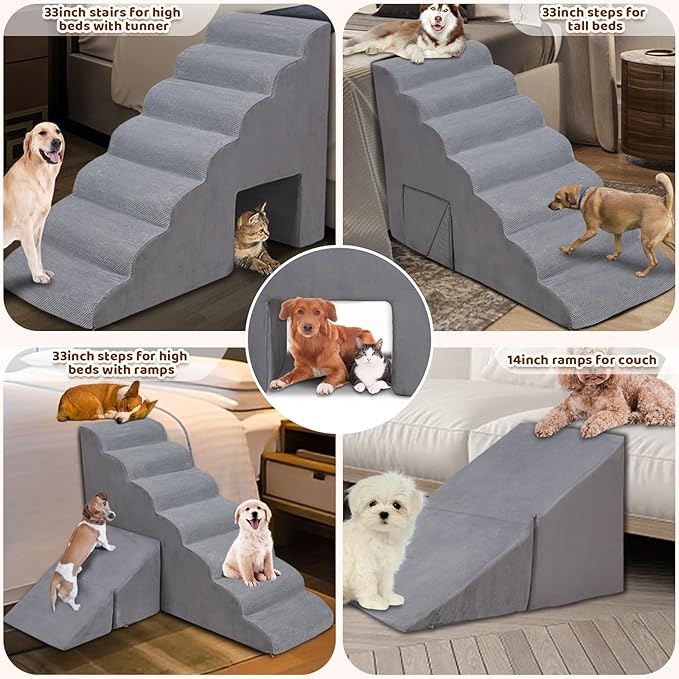 Dog Stairs & Steps for High Beds 30-36 inches High Tall, LitaiL 33inch 7 Steps Pet Stairs/Steps for High Beds Small Large Dogs, Non-Slip Dog Ramps/Ladder for Old Dogs/Cats