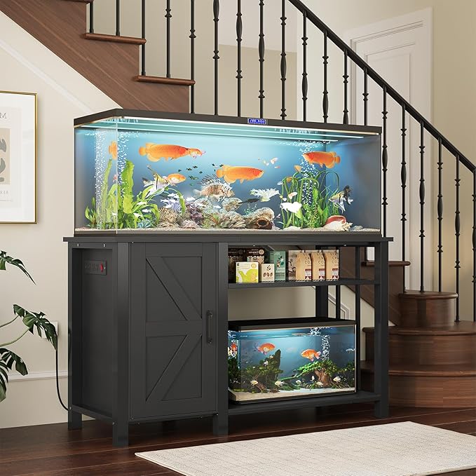 Aquarium Stand with Power Outlets, 55-75 Gallon Heavy Duty Fish Tank Stand with Cabinet Storage & Adjustable Shelf, for Fish Tank, Turtle Tank, Reptile Terrarium, 1000LBS Capacity, Black