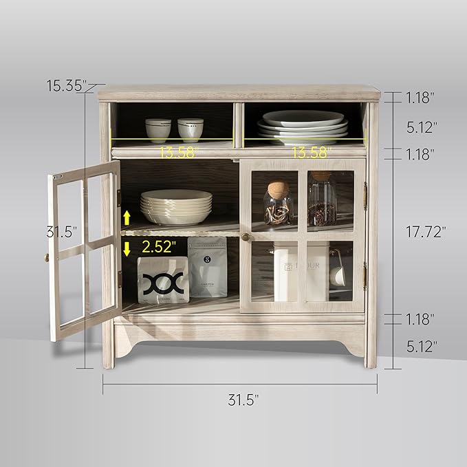 Chogori 31.5" Solid Wood Buffet Cabinet with Storage, Farmhouse Sideboard with 2 Doors, Coffee Bar Cabinet for Dining Room, Kitchen, or Living Room, Gray