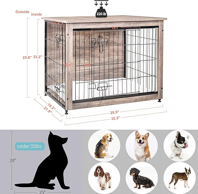 DWANTON Dog Crate Furniture with Cushion, Wooden Kennel Table with Double Doors, Indoor Dog House, Medium Size, 32.5" L, Greige