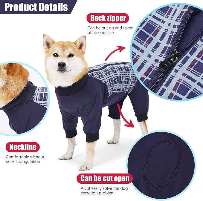 Dog Recovery Suit, Abdominal Wound After Surgery Wear, Anti Licking Bodysuit with Zipper, E-Collar & Cone Alternatives, Plaid Dog Spay Surgical Shirt Prevent Shedding(Medium, Blue)