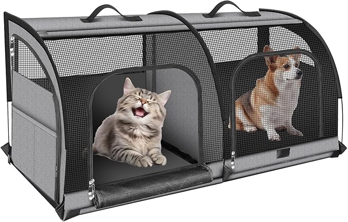 Double Cat Car Travel Carrier, Twin Compartment Show House Cat Cage/Condo，Portable Pet Crate for 2 Cats Travel Double Dog Crate Set for Long Distance Travel