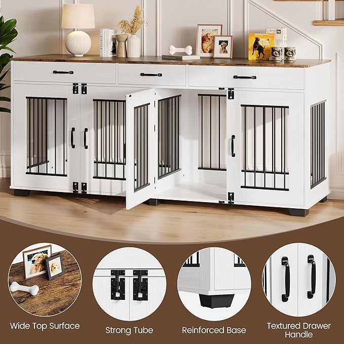 71 Inch Dog Crate Furniture for 2 Rooms, Wooden Double Crate Large Breed with Door, Dog Kennel Indoor, TV Stand End Table with Divider for Large Medium Dogs,White/Brown