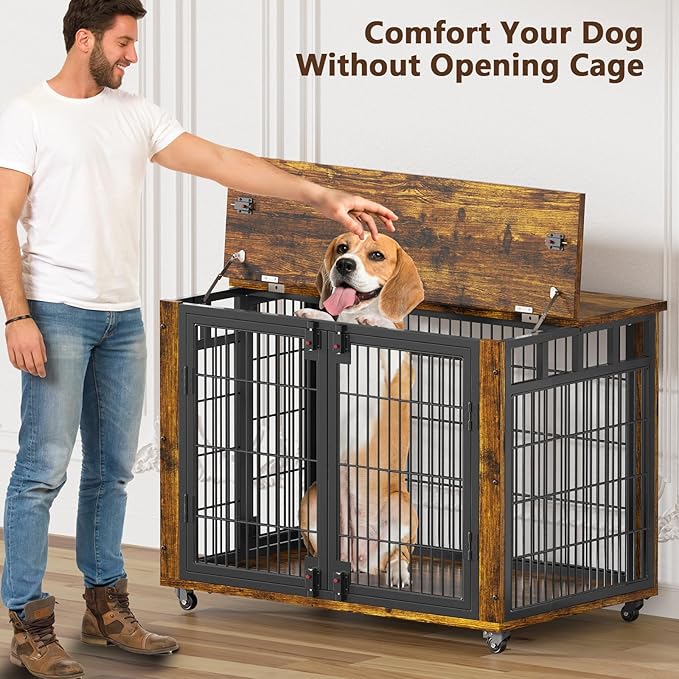 EasyCom 90% Pre-Assembled 33" Small and Meidum Dog Kennel Indoor Furniture, Wooden Dog Crate Furniture with Top-Access Teasing/Feeding Doors, for Medium and Small Breed, with Wheels Moveable