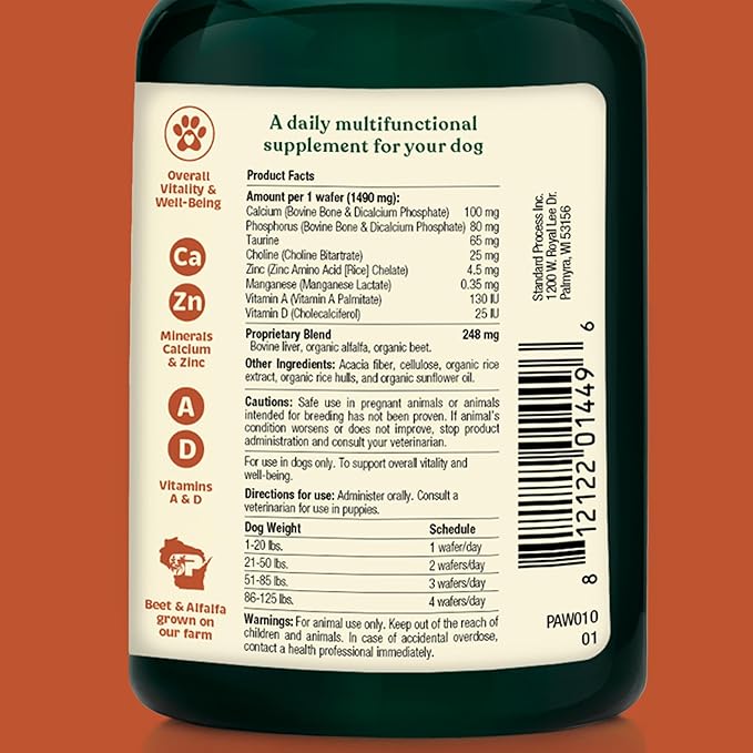 Health + Vitality for Dogs - Pet Supplement for Immune System, Coat, Liver Health & More - Dog Multifunctional Support with Choline, Calcium, Zinc, & Vitamins D and A - 90 Chewable Wafers