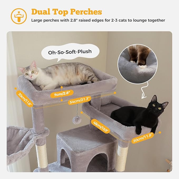 81" Heavy Duty Cat Tree for Large Cats up to 20lbs - Extra Tall Cat Tower with Metal Frame Hammock, 6 Sisal Scratching Posts, 2 Perches - Indoor Cat Furniture for Maine Coon, Big Cats, Gray