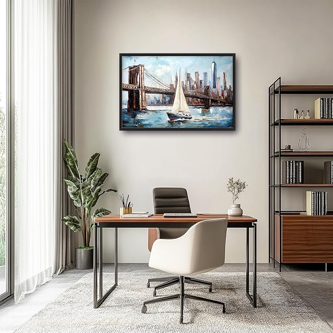 Extra Large Sailboat Framed Wall Art for Living Room,Oversized New York Brooklyn Bridge Pictures Wall Decor,Cityscape Canvas Print Painting Modern Artwork Bedroom Office Bathroom 36L" x 24W"