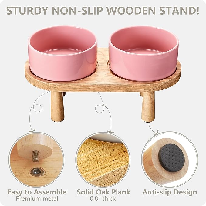 Ceramic Elevated Dog Bowls, Pet Food and Water Bowl Set for Medium and Small Dogs, 3.5 Cups Dog Bowls Raised with Wood Stand, 29OZ, Pink