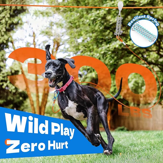 100ft Dog Runner for Yard Large Dog Heavy Duty with Double Shock Absorbers Tangle-Free Aerial Trolley System for Large Dogs Up to 250lbs (Orange)