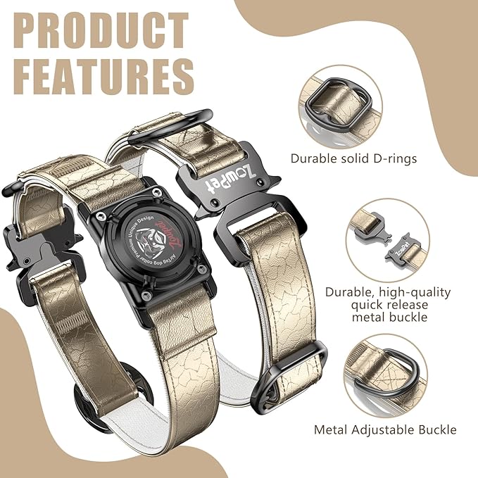 Airtag Dog Collar - Leather Dog Collar with Airtag Holder| IP68 Waterproof AirTag Holder with Metal Buckle, Comfortable GPS Dog Collars Tracker for Medium Large Dogs (Champagne Gold, L)