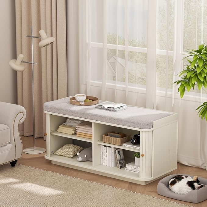 Cream White 39.4" W 2-Tier Shoe Bench with Storage | Entryway Bench with Padded Cushion, Sliding Doors & 5 Hooks