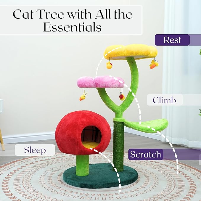Catry 5-Level 40" Colorful Garden Style Cat Tree with Flower Perches, Leaf Hammock, Fruit Condo, Natural Sisal Scratching Post, Bee Toys, Parts Replaceable