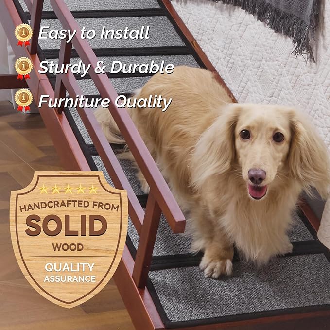 Dog Ramp for Bed or Couch, Wooden Pet Ramp with 20° Gentle Slope, Removable Side Rails, Non-Slip Surface, Top Platform & Wheels, Safe Bed Ramp for Small, Medium & Senior Dogs, 74" Long, Mahogany