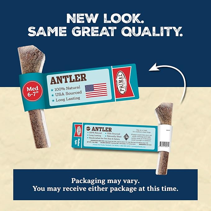 Primal Antlers for Dogs, Grade A Split Stag Antlers for Medium Canines 15-30 lb, Natural Chews for Aggressive Chewers, Naturally Shed, Long Lasting Dog Bones, 1 ct