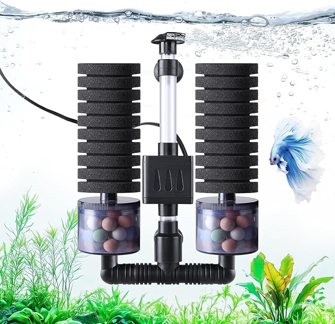 AQQA Electric Sponge Filter for Aquariums - Dual Bio & Mechanical Filtration, 8W 80 GPH Water Pump with Oxygenation & Water Circulation, Fits 15-55 Gallon Fish Tanks (110V/60Hz)