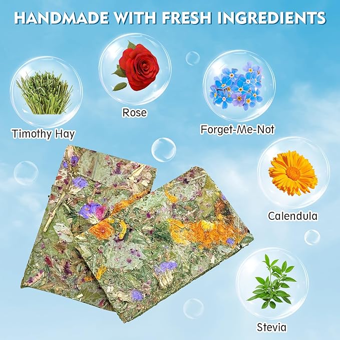 Fhiny 12 PCS Rabbit Timothy Hay Chips Toys, Natural Bunny Molar Treats with Herbal Flowers Rabbit Chew Toys for Teeth Small Animal Snacks for Rats Chinchillas Guinea Pigs Hamsters