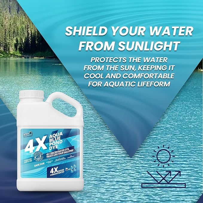 1 Gallon Aqua Blue Pond Dye 4X Concentrate, Lake & Pond Dye Blue for Aqua Colored Water, Ideal Lake Colorant, Aquashade Colorant That Protects Against Sunlight - Ideal for Fish and Wildlife