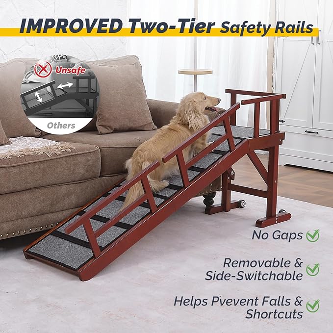 Dog Ramp for Bed or Couch, Wooden Pet Ramp with 20° Gentle Slope, Removable Side Rails, Non-Slip Surface, Top Platform & Wheels, Safe Bed Ramp for Small, Medium & Senior Dogs, 60" Long, Mahogany
