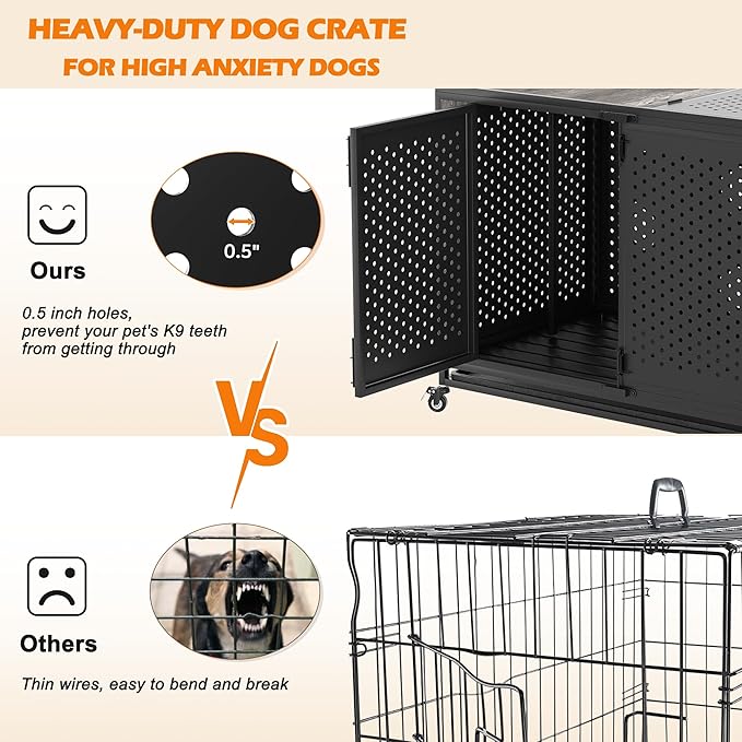 48" Heavy Duty Dog Crate Furniture for Extra Large Dogs, Enclosed Design with 0.5 inch Holes, Indestructible Metal Kennel for High Anxiety Dogs, Chew Proof Pet House Cage Indoor, Gray