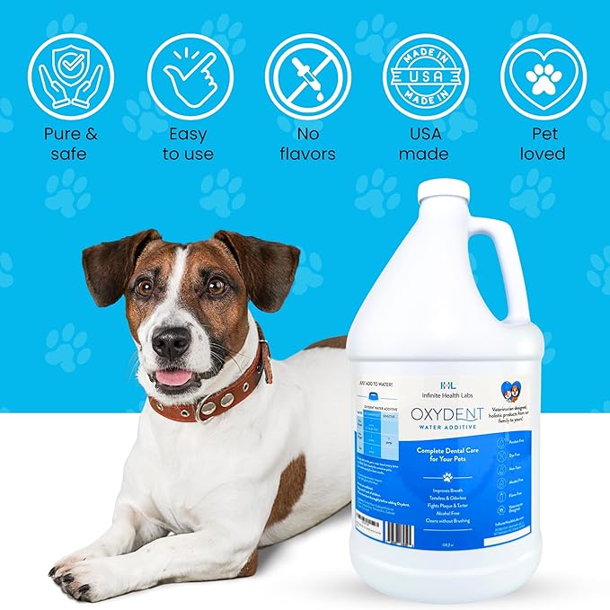 Oxydent Premium Pet Dental Care Solution - Pet Water Additive & Mouthwash for Teeth Cleaning - Eliminate Bad Dog & Cat Bad Breath - Dog Dental Rinse - Fights Tartar & Plaque - 1 Gallon