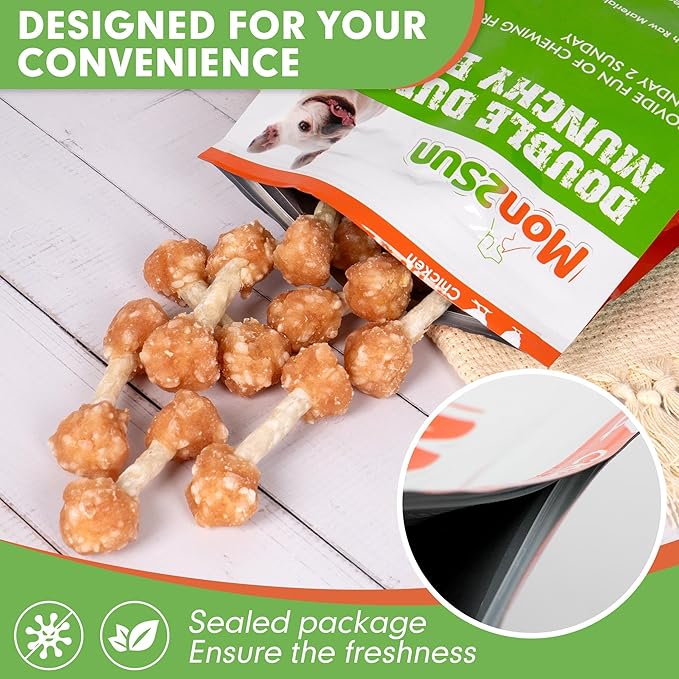 MON2SUN Dog Treats, 9oz Mini Rawhide Chews, Chicken Dumbbells with Rice for Small Dogs & Toy Breed, Crunchy and Healthy (2.5 Inch 17 Count)