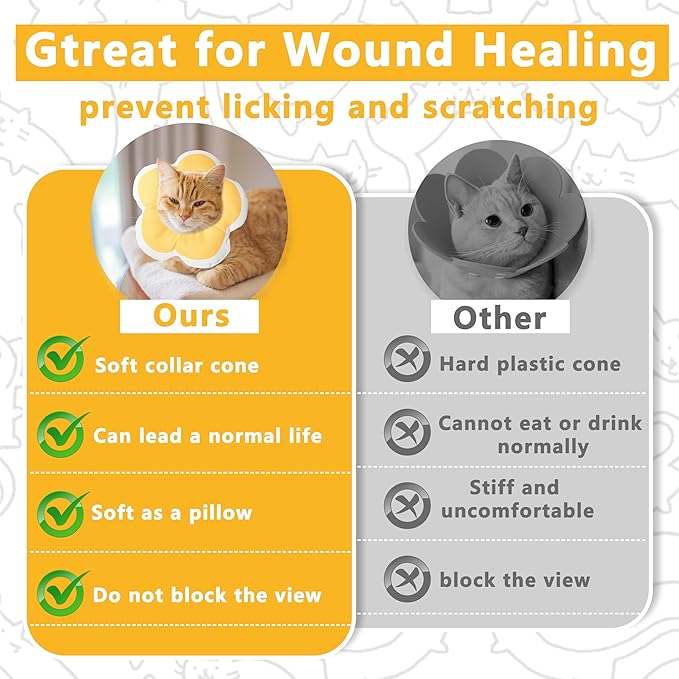 Cat Cone Collar Soft, Waterproof Cats Cones to Stop Licking After Surgery, Adjustable Soft Elizabeth Cats Collars for Wound Healing, Flower Shape Cat Recovery Collar (Yellow, Medium)