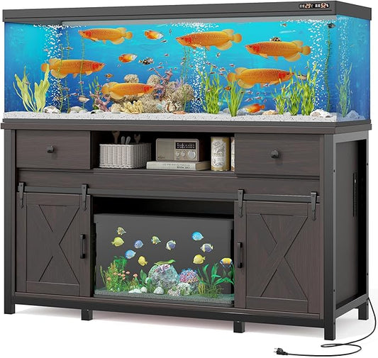 Miereirl 75-120 Gallon Fish Tank Stand with Power Outlet – Heavy Duty Aquarium Stand, Rustic Farmhouse Style, 1000 lb Capacity, Adjustable Storage & Sliding Barn Doors, Dark Brown