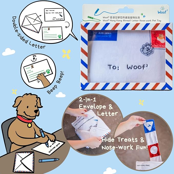 Hong Kong Airmail Soft Plush Nose-Work Squeaky Dog Toy - Durable & Cute 2-in-1 Envelope & Letter for Interactive Play, Extendable Cloth to Hide Food for Puzzle Fun, Small Medium Dogs