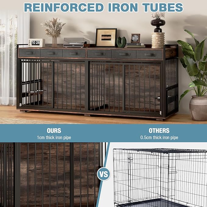 86.6Inch Large Double Dog Crate Furniture,Heavy Duty Metal Frame Dog Crate Kennel with Adjustable Feeder Bowls and Removable Divider&Drawers,Chew-Resistant Dog Kennel for 2 Dogs Indoor