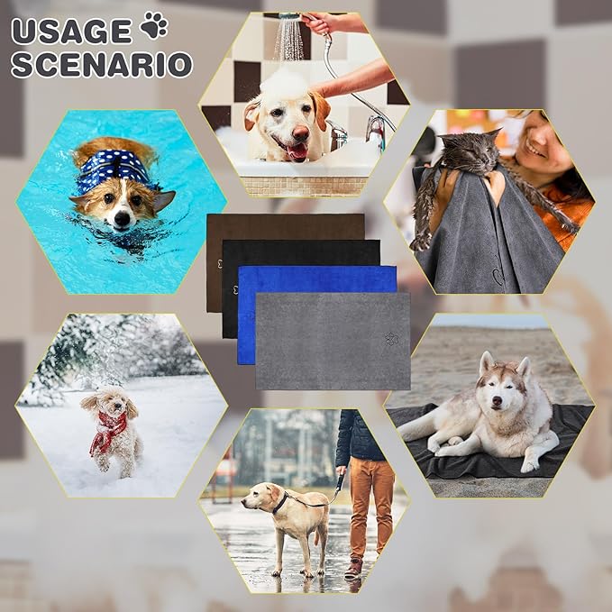 Chumia 4 Pack Dog Towels for Drying Large Microfiber Grooming Tools Absorbent Soft Bath Supplies with Embroidered Paw for Small Medium Pet Products (30 x 50 Inch,Blue,Black,Gray,Brown)