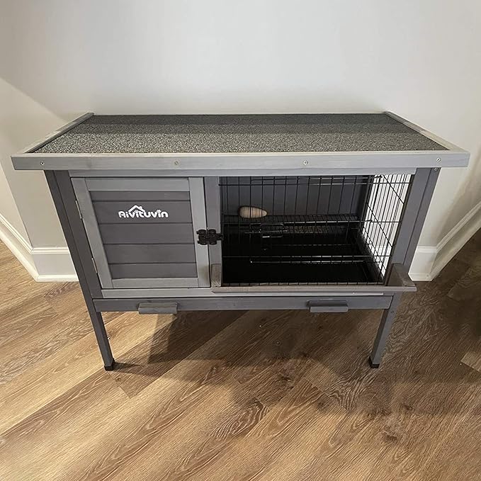 Aivituvin Outdoor Rabbit Hutch, Wooden Bunny Cages Indoor with Deeper Leakproof Tray - Upgrade with Metal Wire Pan