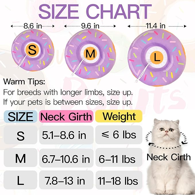 Cat Cone Collar Soft, Cute Cat Donut Collar After Surgery, Adjustable Kitten Recovery Cones to Stop Licking, Lightweight Neck Elizabethan Collars for Cats Kittens (Purple, Large)