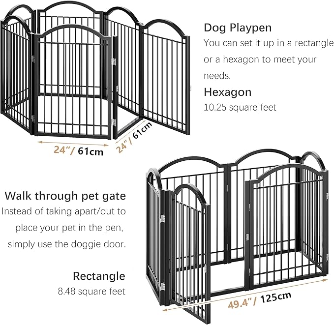BHG Metal No-Assembly Freestanding Dog Gate with Door Walk Through, Extra Wide 144", Extra Tall 32" Pet Gate, Accordion Puppy Folding Playpen Dog Fence, with 2PCS Support (Black, 6 panesl)