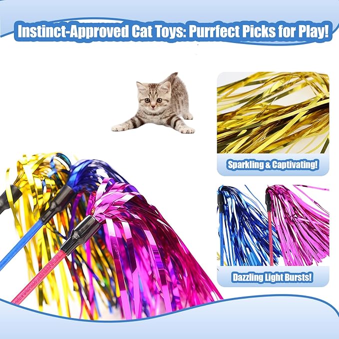 ADUCK Interactive Cat Teaser Wand Toy with Tassels - Durable Cat Chaser for Indoor Kitten Exercise, Boredom Relief & Training Play, Pack of 3 (Gold, Blue, Pink)