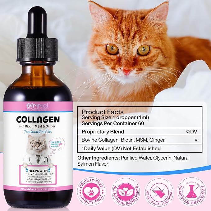 Collagen for Cats, Daily Liquid Collagen Drops for Cats with Allergies, Biotin, Vitamin C and Hyaluronic Acid, Improves Mobility Skin and Coat Health, Itch Relief for Cat, Salmon Flavor, 60ML