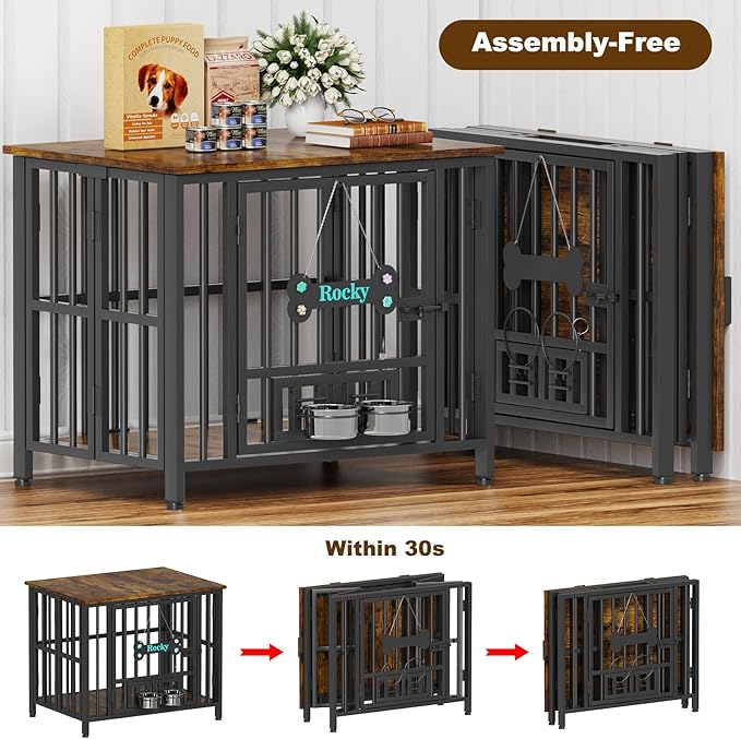 Easycom 31" Dog Crate Furniture Foldable, No Assembly Decorative Dog Kennel Indoor, Dog Crates for Small Dogs (20-40 lbs), Wooden Dog Cage with Adjustable Bowls and Name Tag, End Table, Rustic Brown